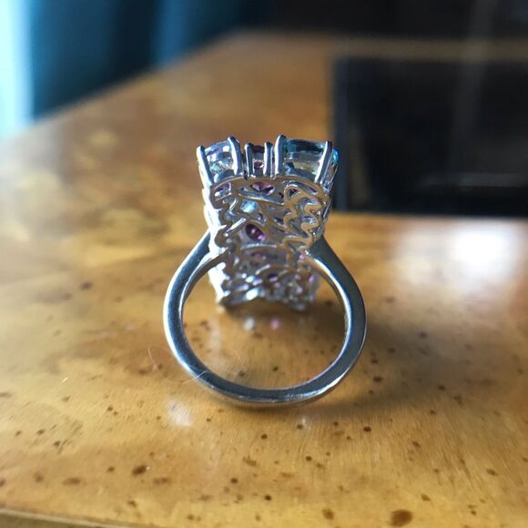 Natural Rhodolite Garnet Blue Zircon Sterling Silver Cocktail Ring Size 5 - Picture 3 of 9